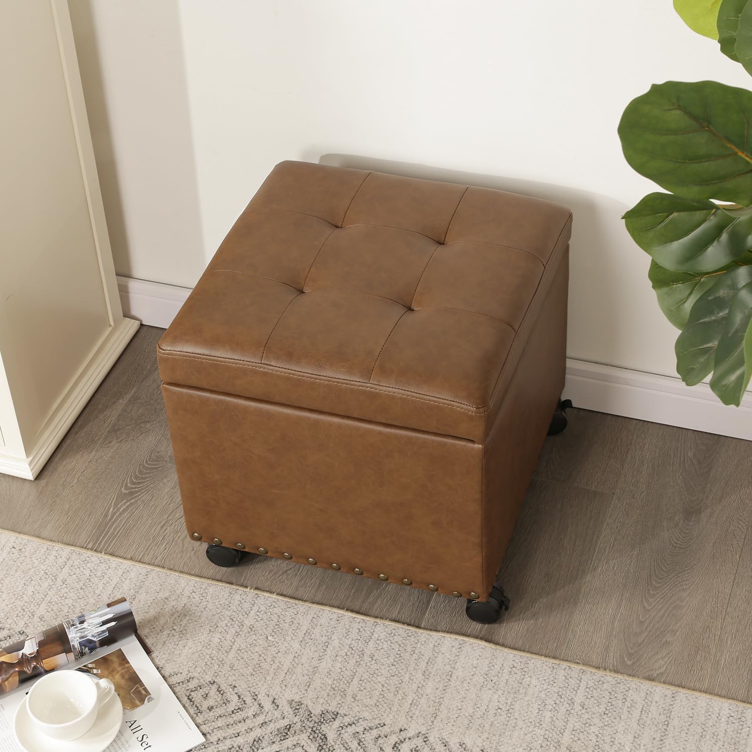 16.7" H Vintage Golden Brown Leather Storage Ottoman with 360 Caster Wheels