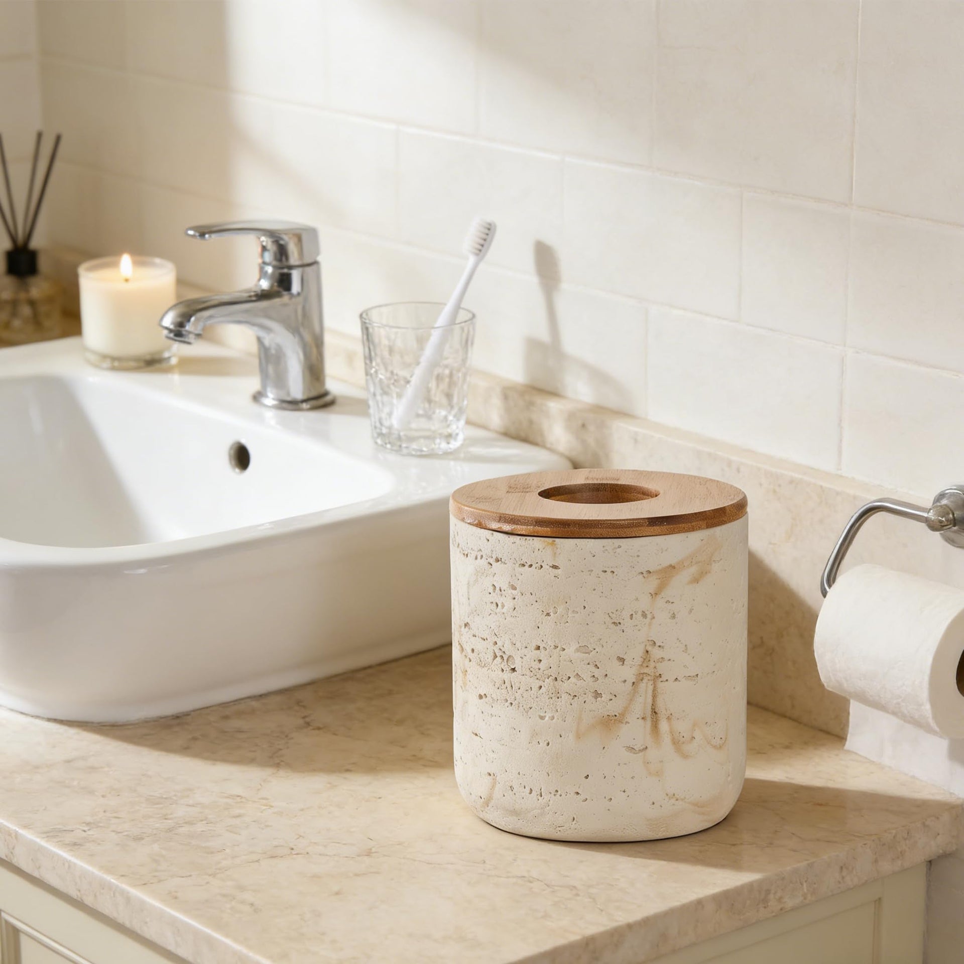 Natural Travertine Textures Beige Mini Trash Can with Bamboo Lid