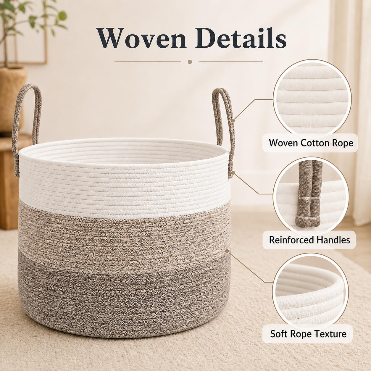 65L Extra Large Machine Washable Cotton Rope Blanket Basket