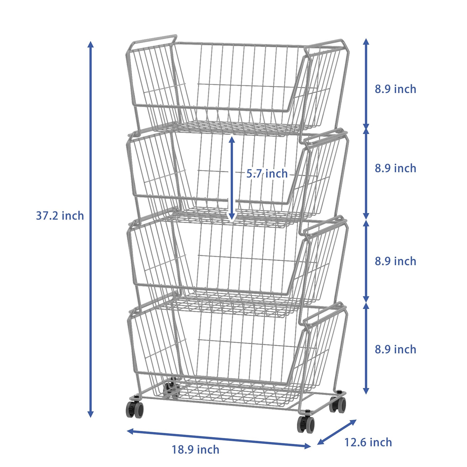 4 Tier Large Stackable Wire Storage Baskets with Wheels (4 Count)