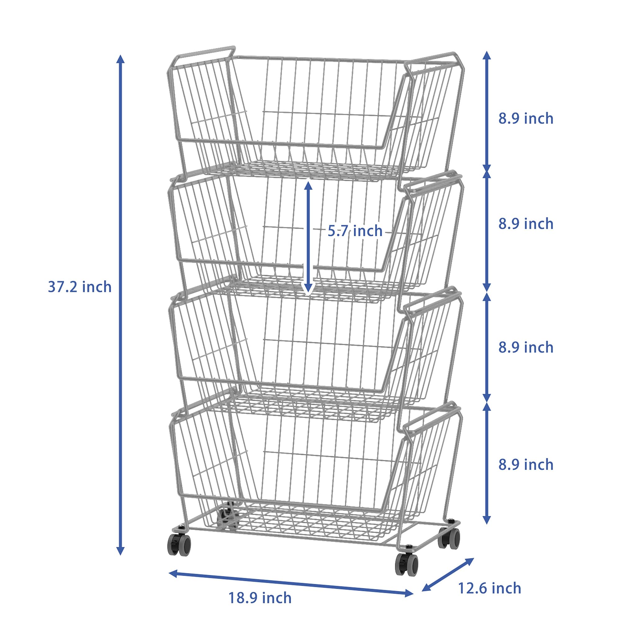 4 Tier Large Stackable Wire Storage Baskets with Wheels (4 Count)