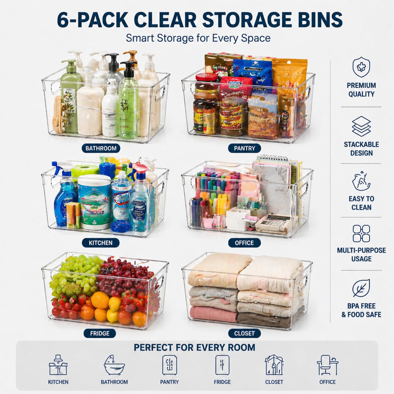 6 Pack Clear Organizer Bins 11x8x6in Pantry Organizers and Storage