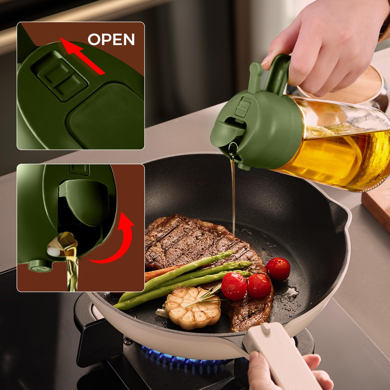16 oz 2-in-1 Glass Olive Oil Sprayer for Cooking, OliveGreen
