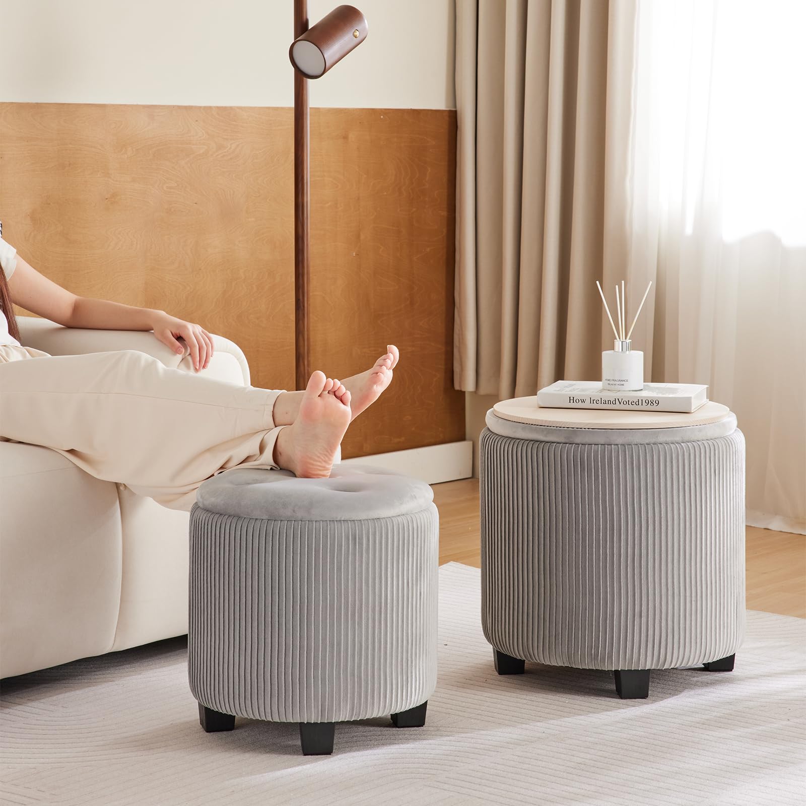 Tufted Ottoman Set of 2 Large Round Velvet Storage Ottoman Gra (2 Count)