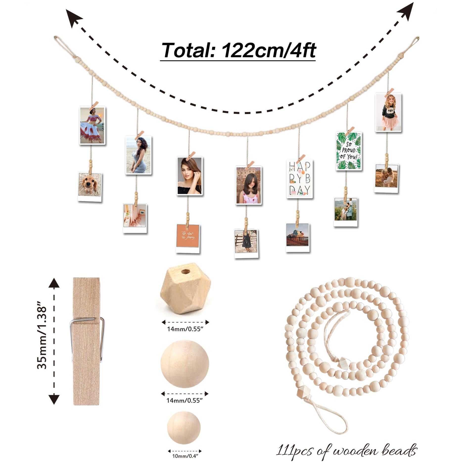 4 Feet Wooden Beads Garland with Clothespins Picture Cards Holder (4 Foot)