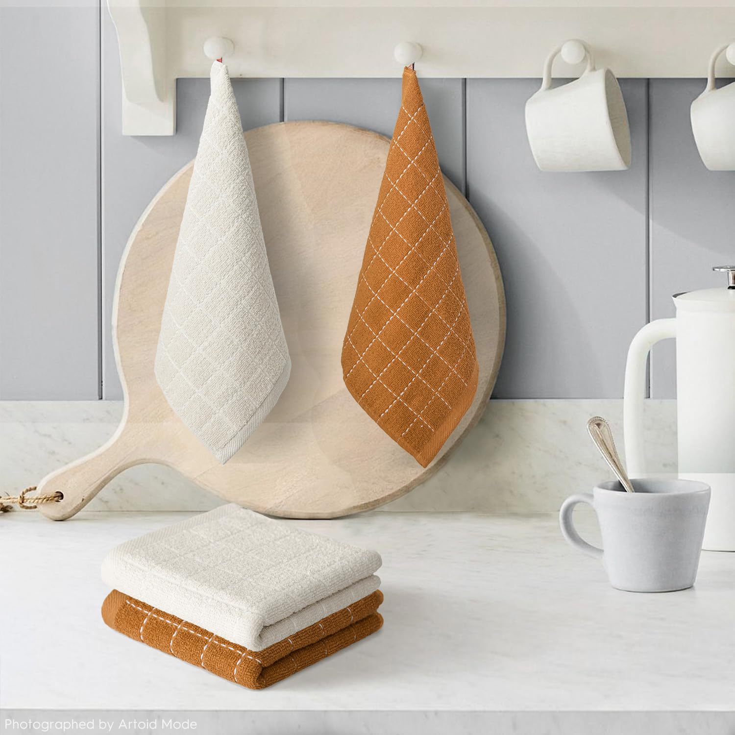 Checkered Designed Cotton Beige Caramel Terry Kitchen Dish Cloths (6 Count)