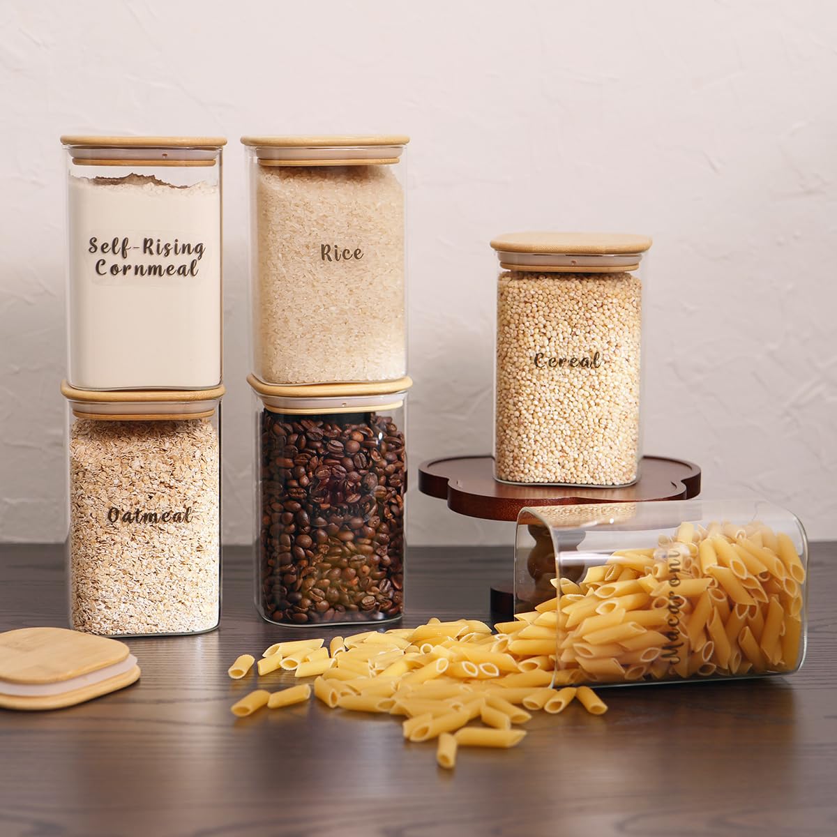 6 Pcs Square Glass Pantry Storage Containers with Bamboo Airtight Lid and 248 Clear Pantry Labels Preprinted