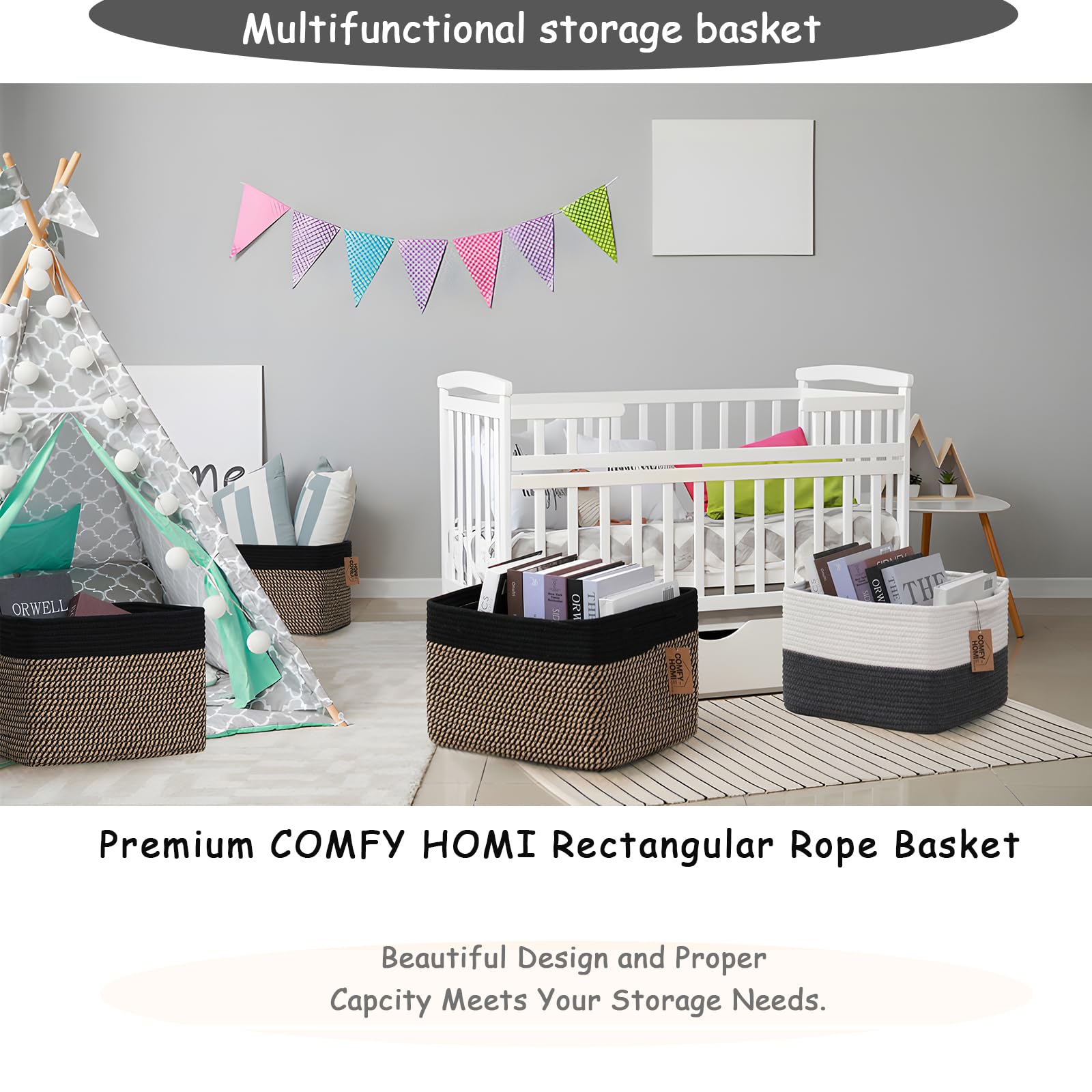 3PACK Cotton Rope Square Basket with Handles for Shelves (3 Count)