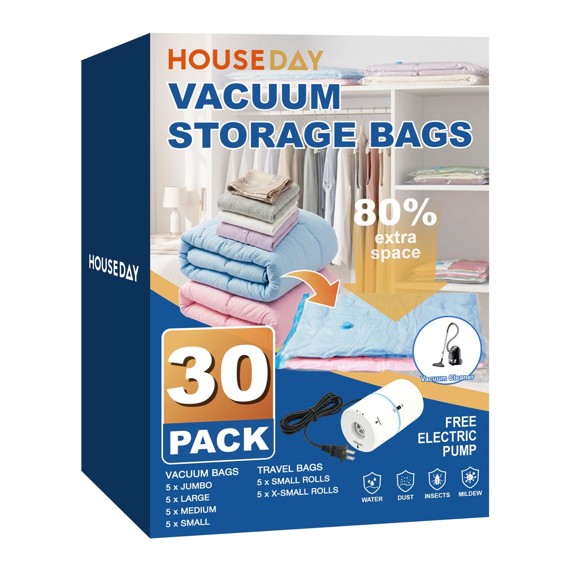 30 Pack Vacuum Storage Bags with Electric Pump (31 Count)