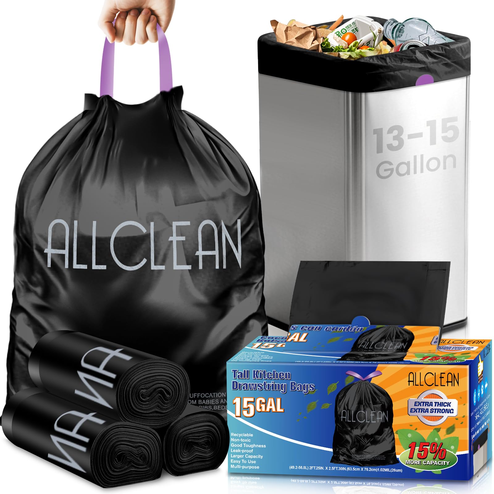Trash Bags 15 Gallon Tall Kitchen Drawstring Garbage Bag Fit 13 (30 Count)