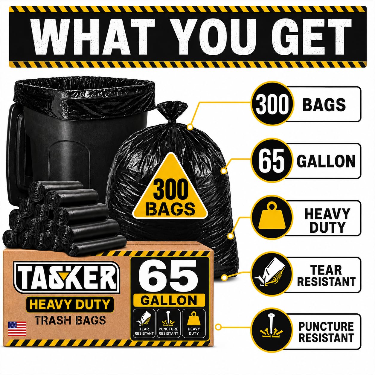 300 Bags, 64-65 Gallon Trash Bags Heavy Duty, Large Black Garbage Bags, Wide Mouth Trash Can Liners for 60, 64, 65 and 70 Gallon Cans to Fit Toter Cart Liners for Outdoor Lawn Yard Cleanup (300 Count)