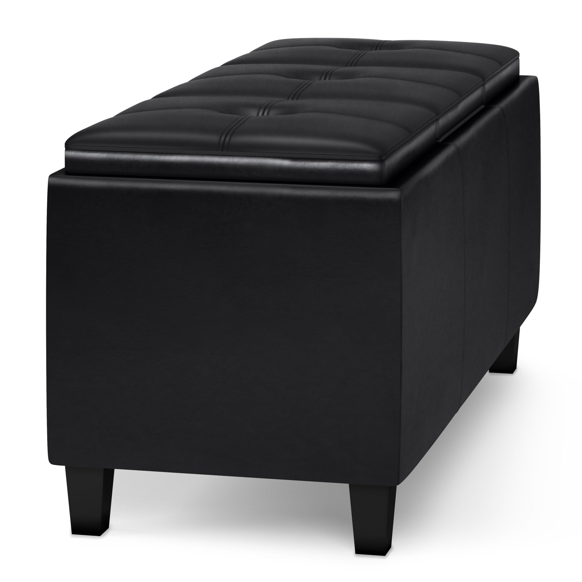 Avalon 42 inch Wide Contemporary Rectangle Tray Storage Ottoman with Lift Up Lids in Midnight Black Vegan Faux Leather