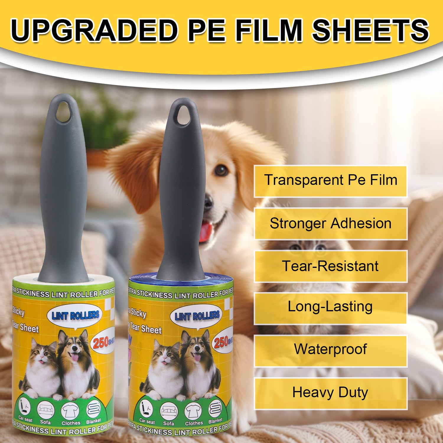 Lint Rollers 2 Pack for Pet Hair 500 Sheets Extra Sticky Pet Hair Remover for Clothes Furniture Carpet Cleaner Cars Dogs Travel