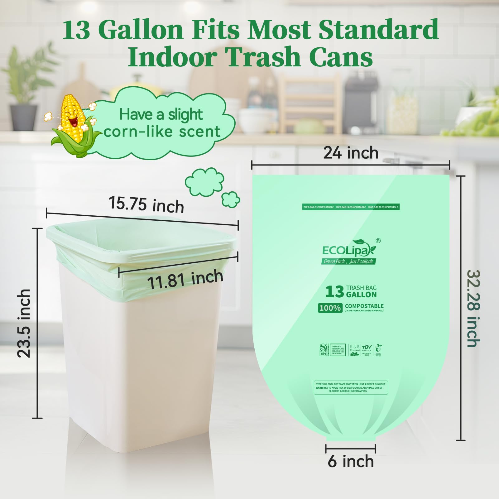 13 Gallon 100 Count Compostable Kitchen Trash Garbage Bags