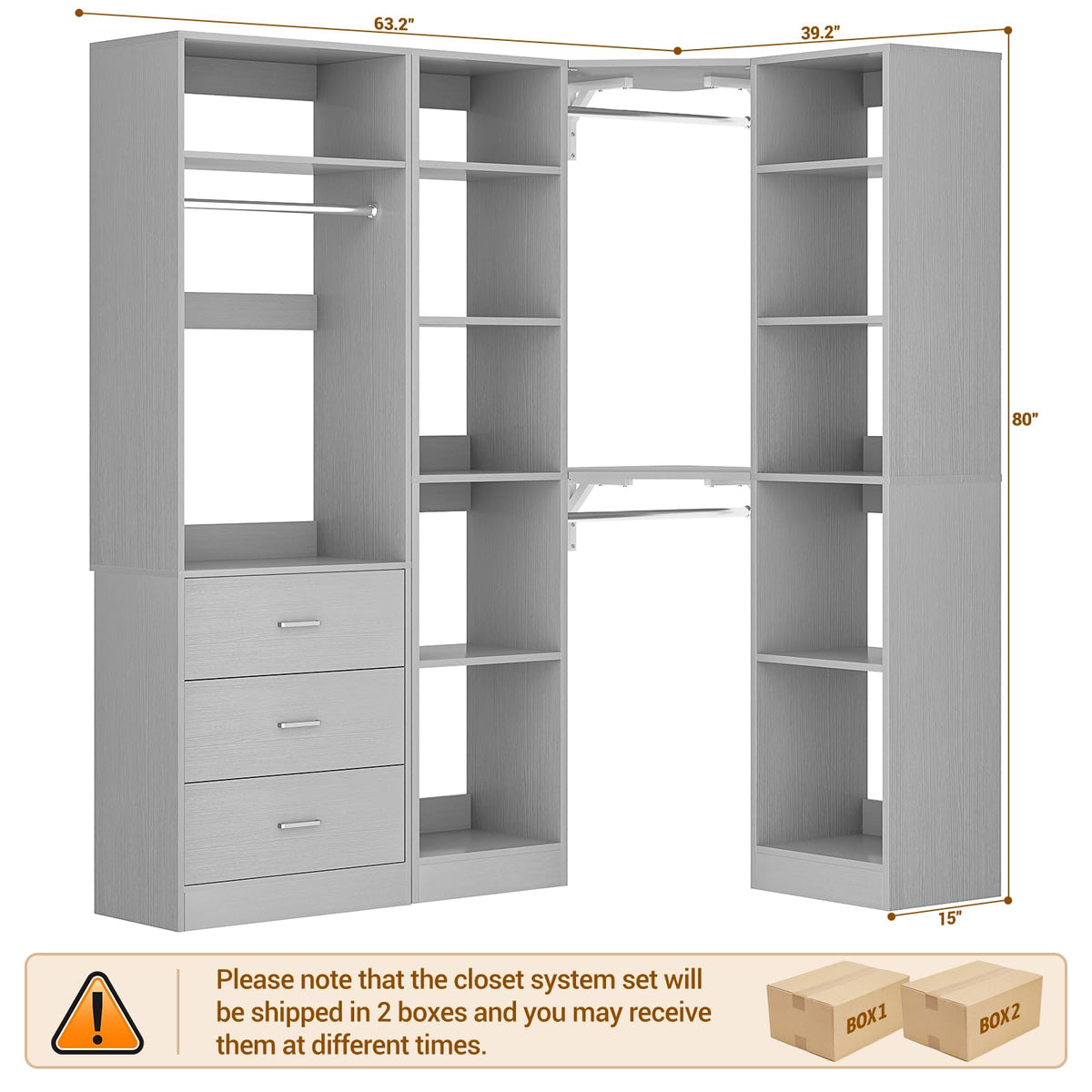 Corner Closet System with 3 Drawers