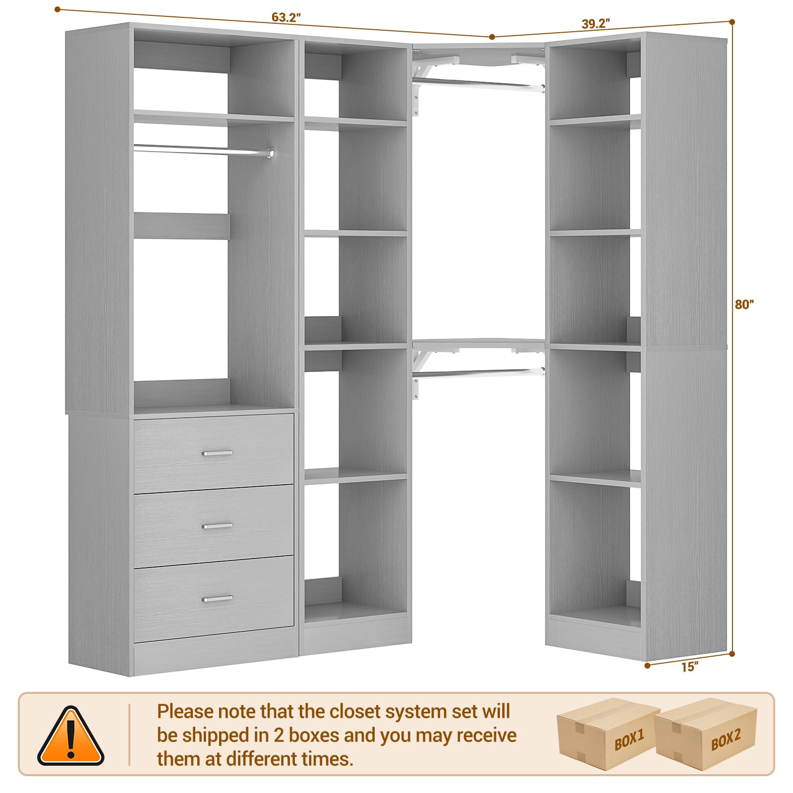 Corner Closet System with 3 Drawers