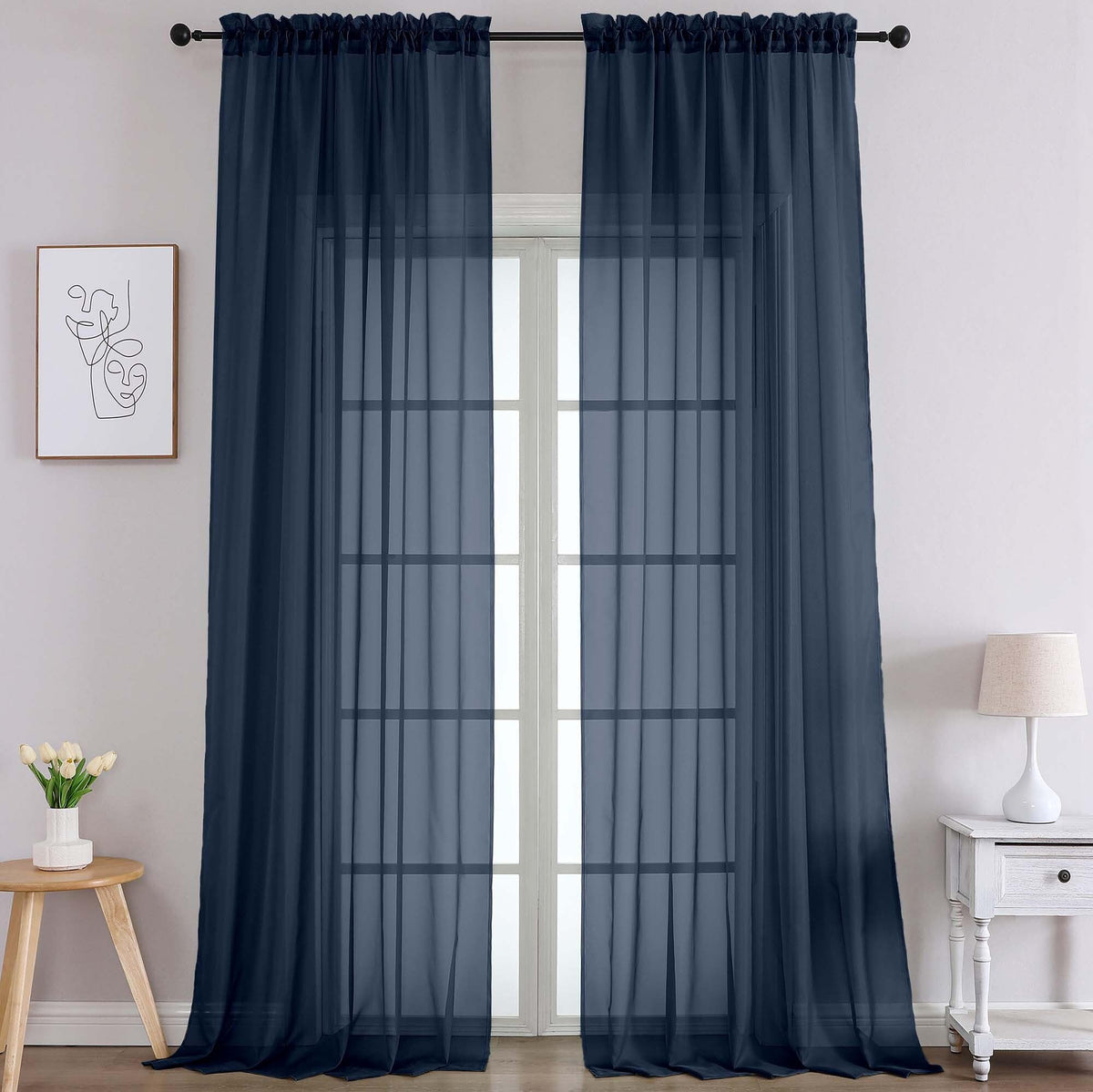 Extra Long Navy Blue Sheer Curtains 108 Inches Long 2 Panels (2 Count)
