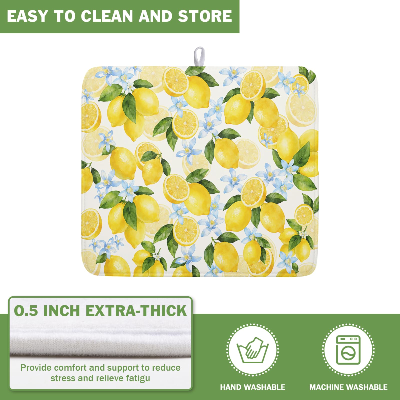 Lemon Dish Drying Mat 16x18 Inch Absorbent Reversible Summer Drying Mat Floral Lemon Fruits Dish Drying Rack Mat Yellow Summer Themed Dish Drainer Mat for Kitchen Counter Coffee Bar