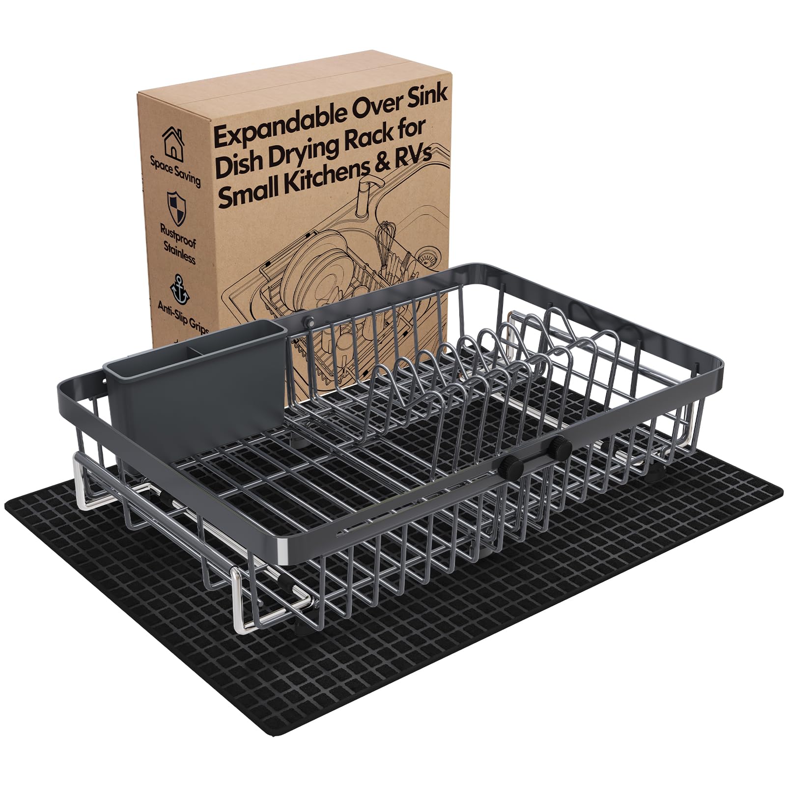 Grey Dish Drying Rack Over The Sink with Utensil Holder