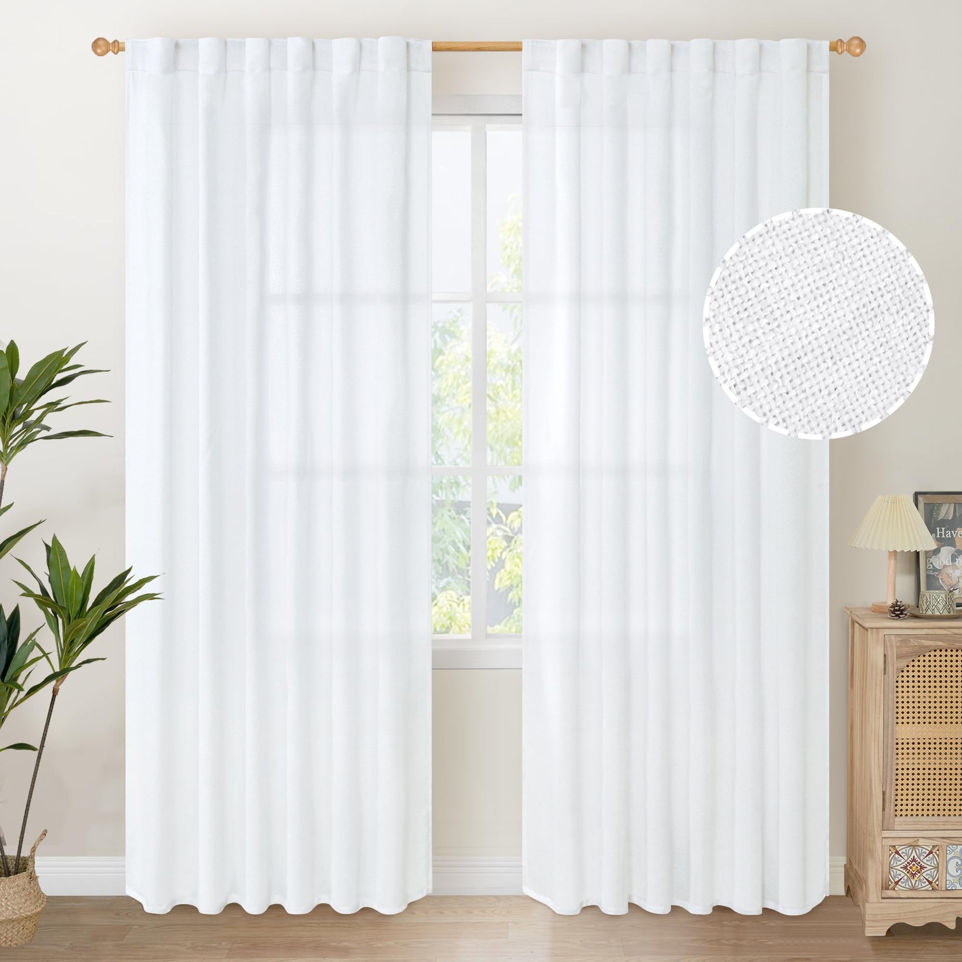 White Linen Curtains 80 Inch Length for Living Room (2 Count)