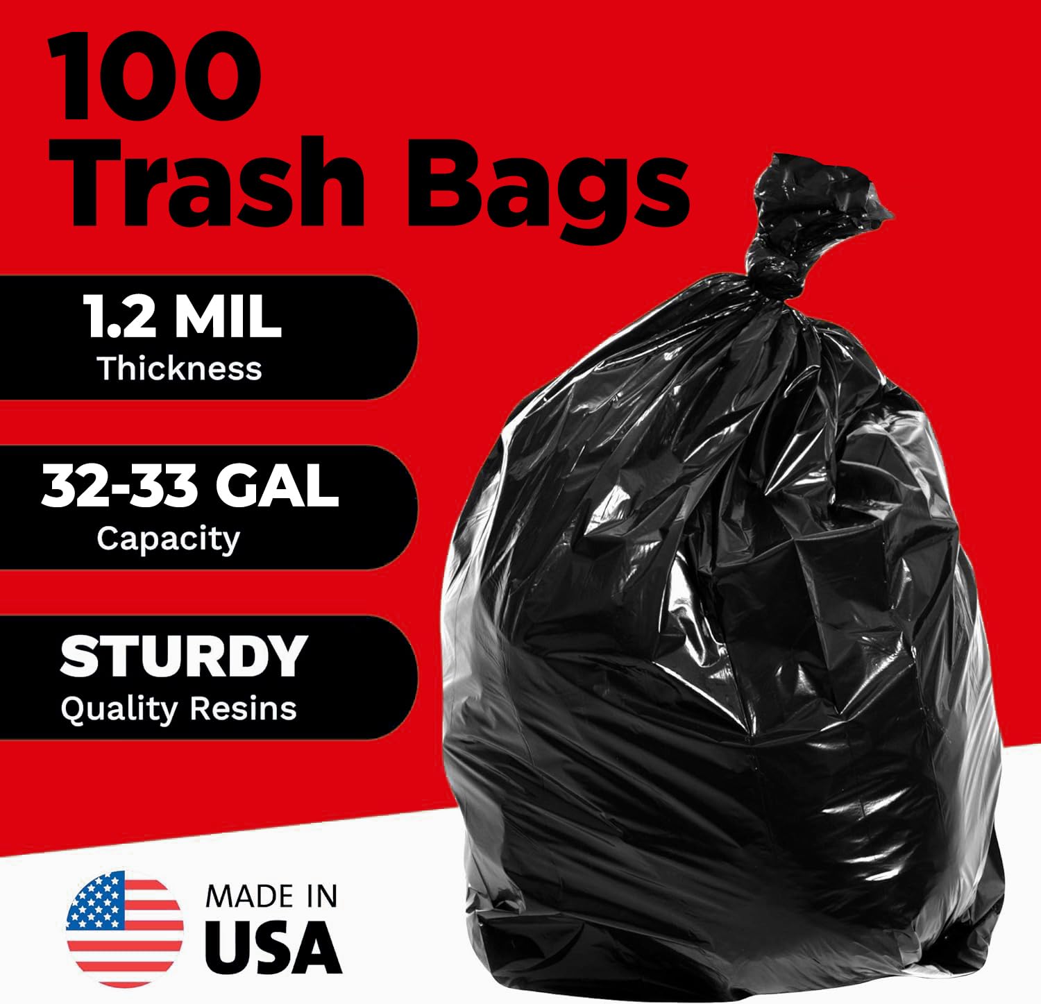33 Gallon Durable Black Trash Bags (100 Count)