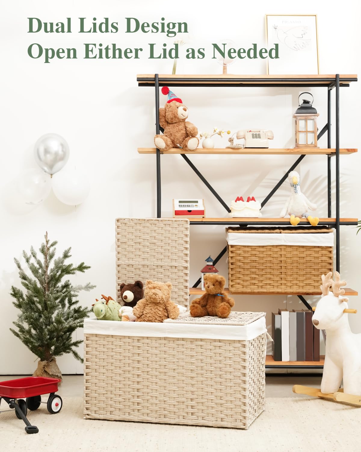 Storage Basket with Lid 160L Wicker Baskets Storage Light Khaki