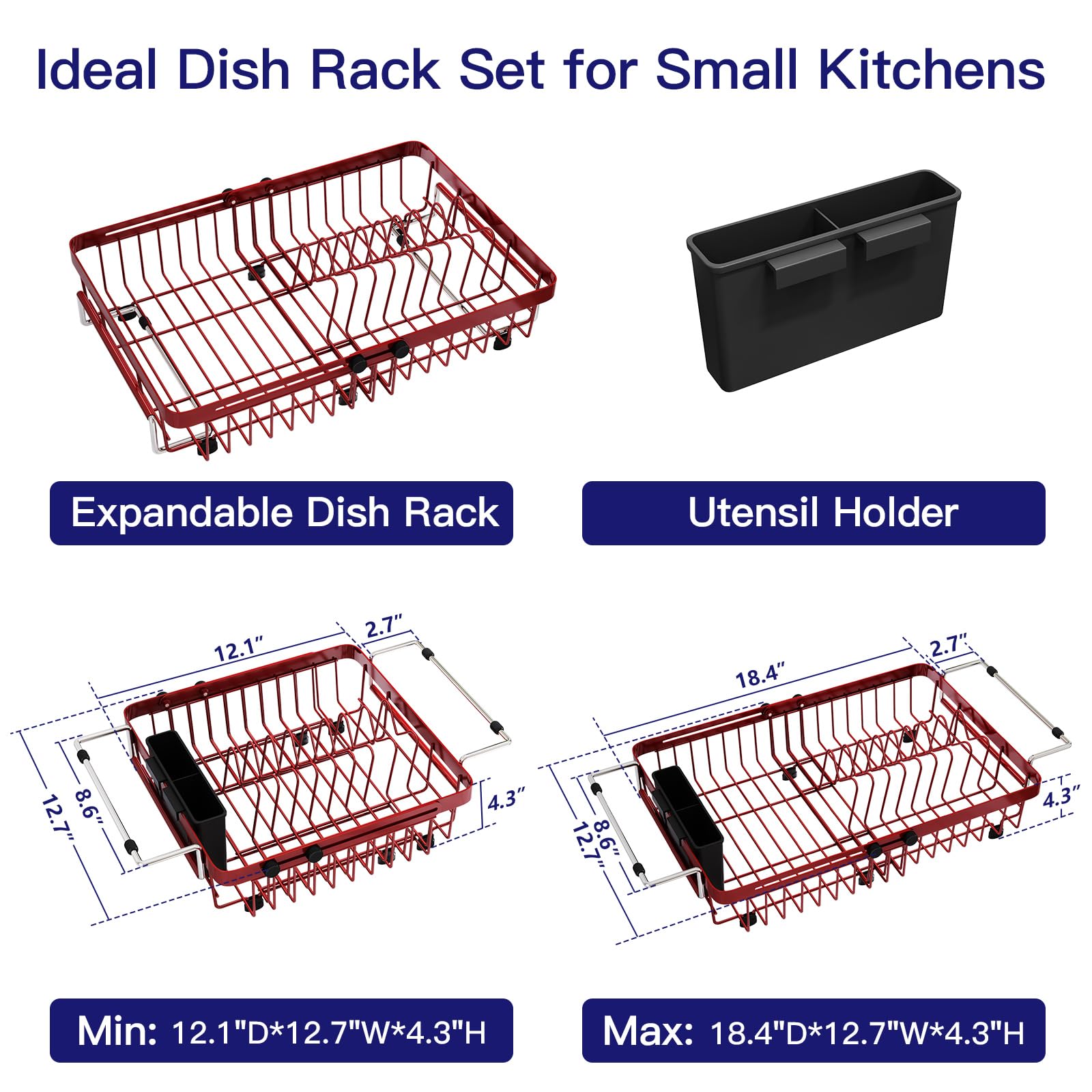 Red Dish Drying Rack Over The Sink with Utensil Holder
