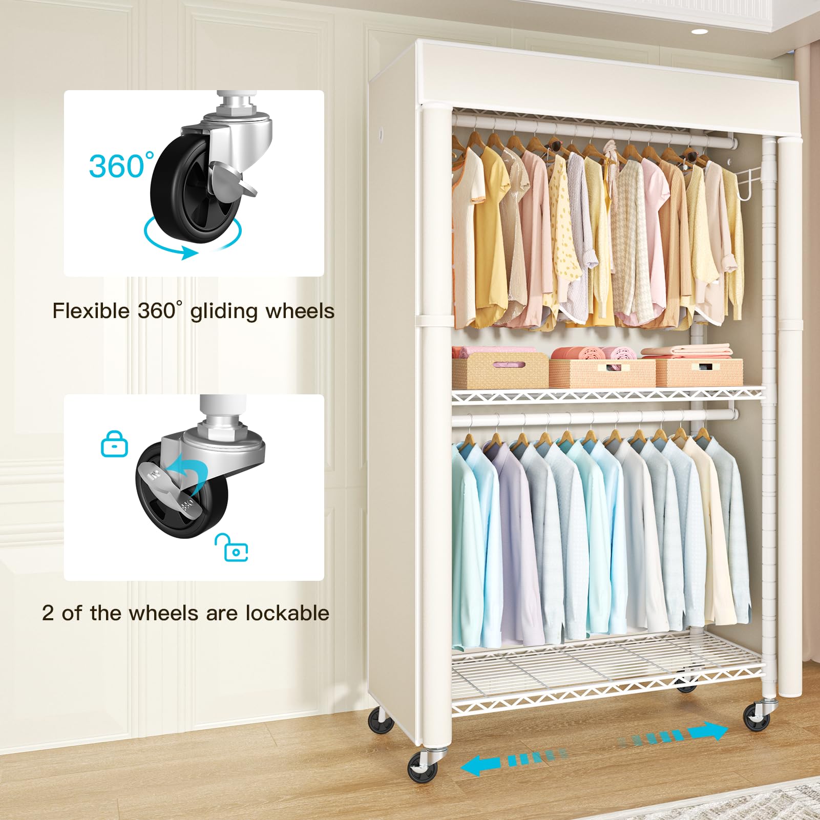 White Clothing Rack with Beige Cover
