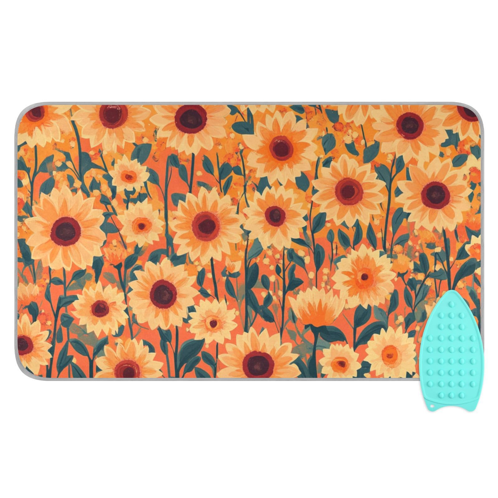 Orange Sunflowers and Poppy Flowers Ironing Mat Portable Ironing Pad Blanket with Silicone Iron Rest for Table Top Travel Heat Resistant Double