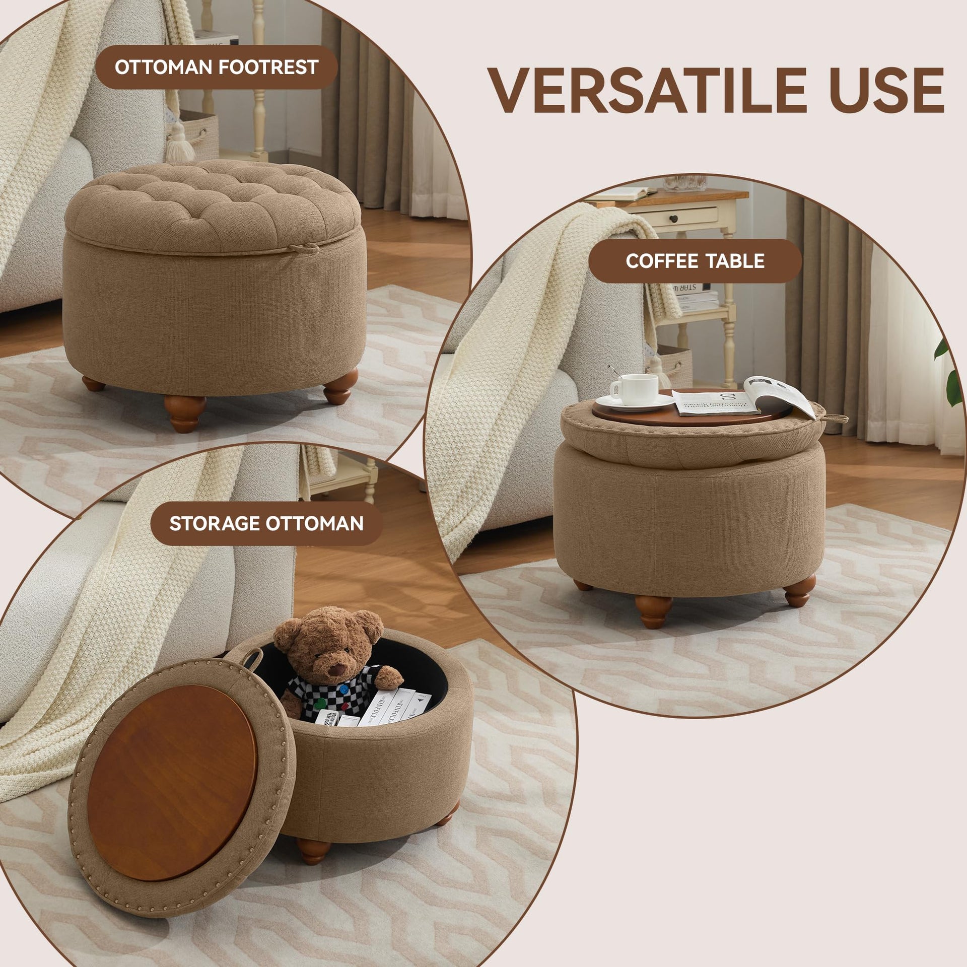 24Inch Round Storage Ottoman with Tray