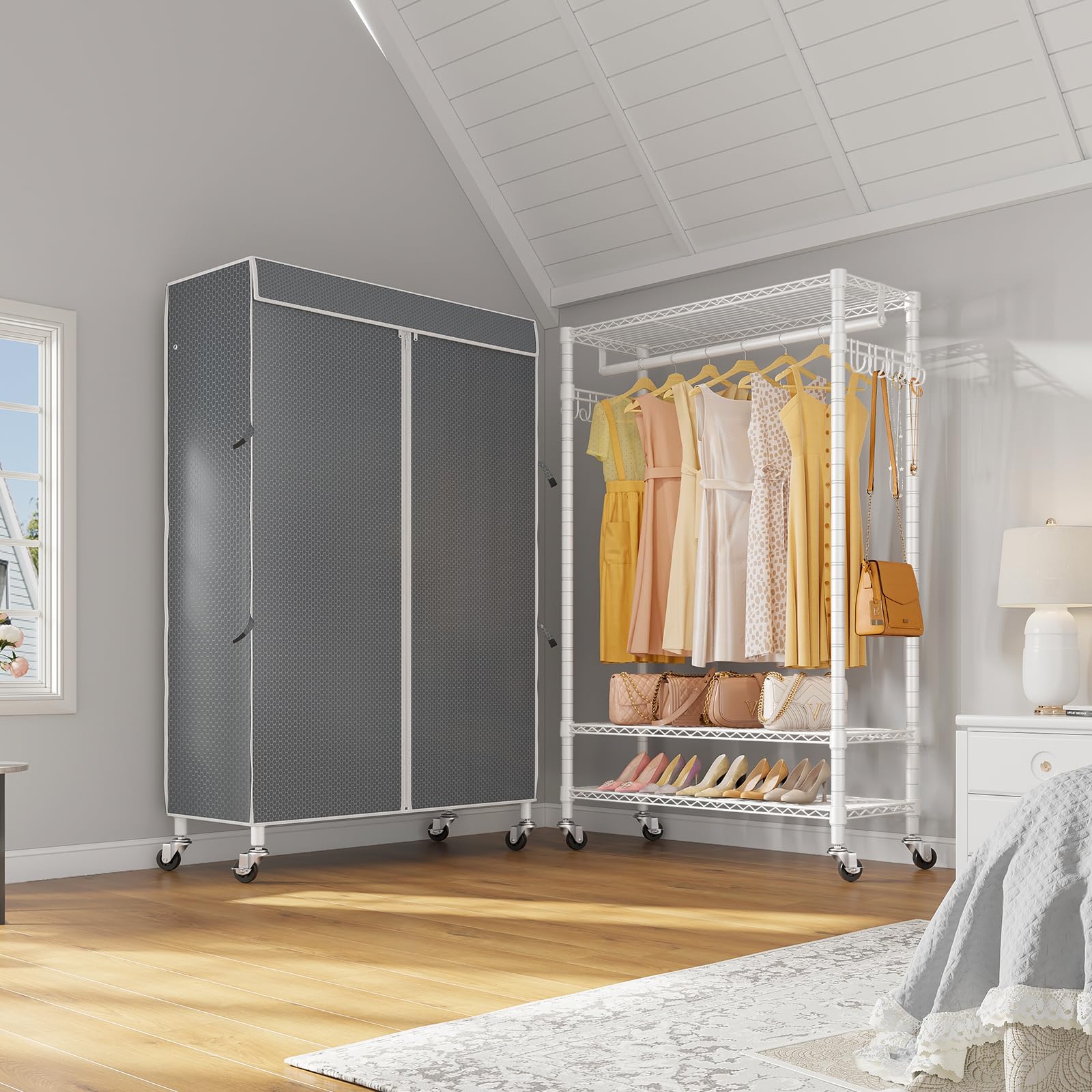 R3C Covered Clothing Rack for Hanging Clothes Rolling Closet