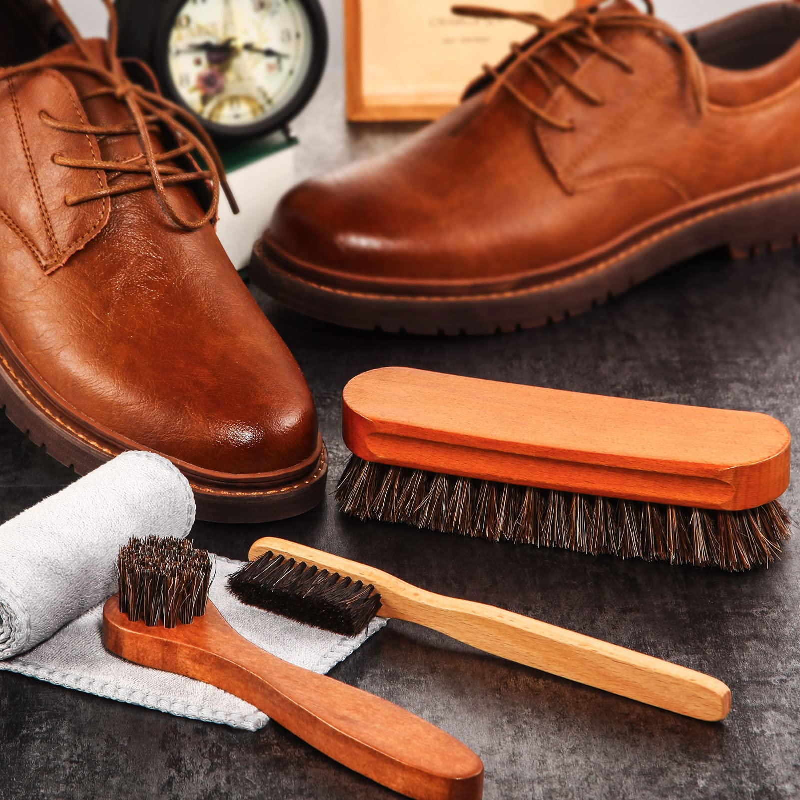 4 Pcs Horsehair Shine Shoes Brush Kit Polish Dauber Applicators Cleaning Leather Shoes Boots Care Brushes Suede Cleaner Brush with Microfiber Shoe Cloth (3 Count)