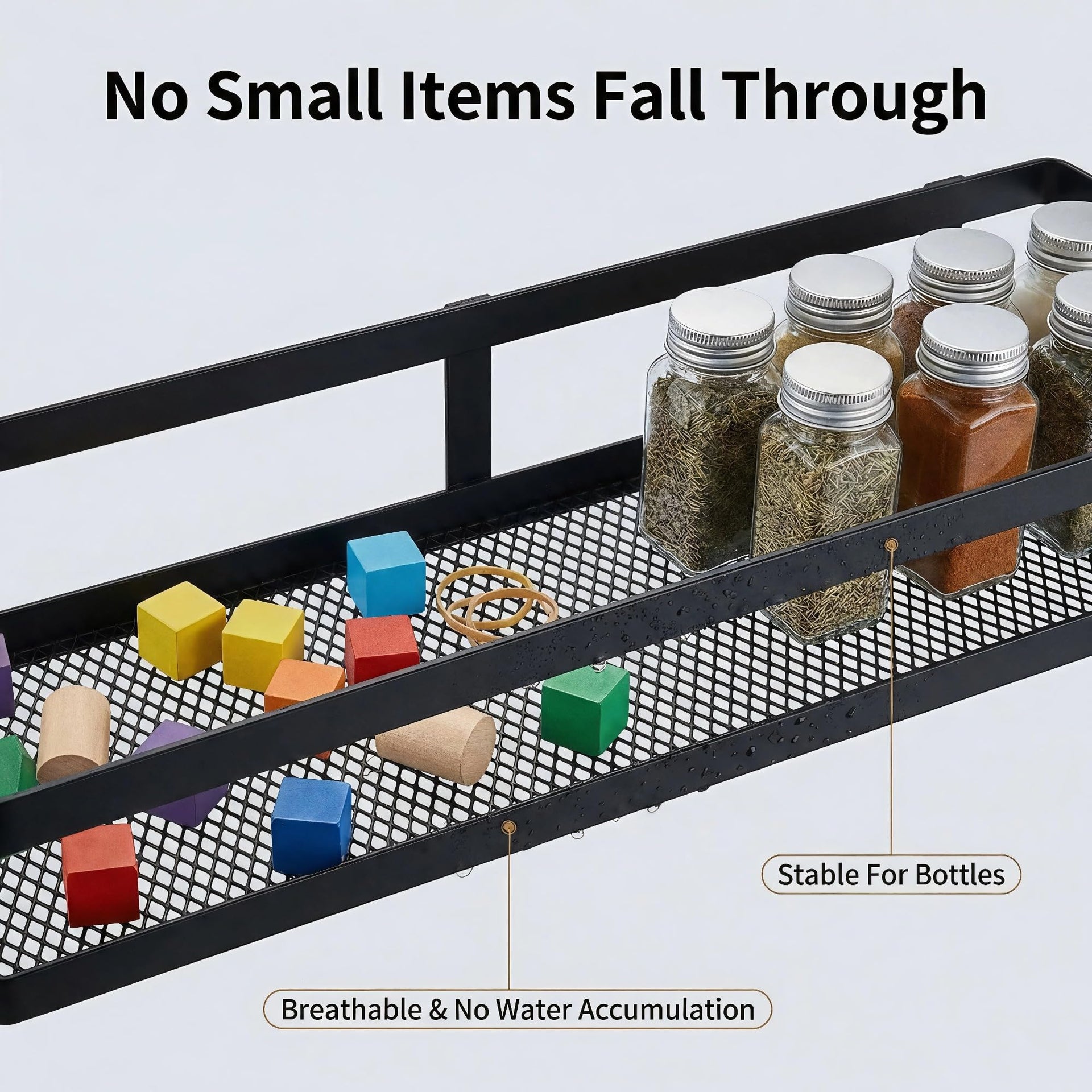 5-in-1 16.5" Extra Long Kitchen Organizer & Shower Caddy Set, Wall Mount Spice Rack with Paper Towel Holder, Utensil Holder & Soap Dish, Rustproof Mesh - Matte Black, Guardrail
