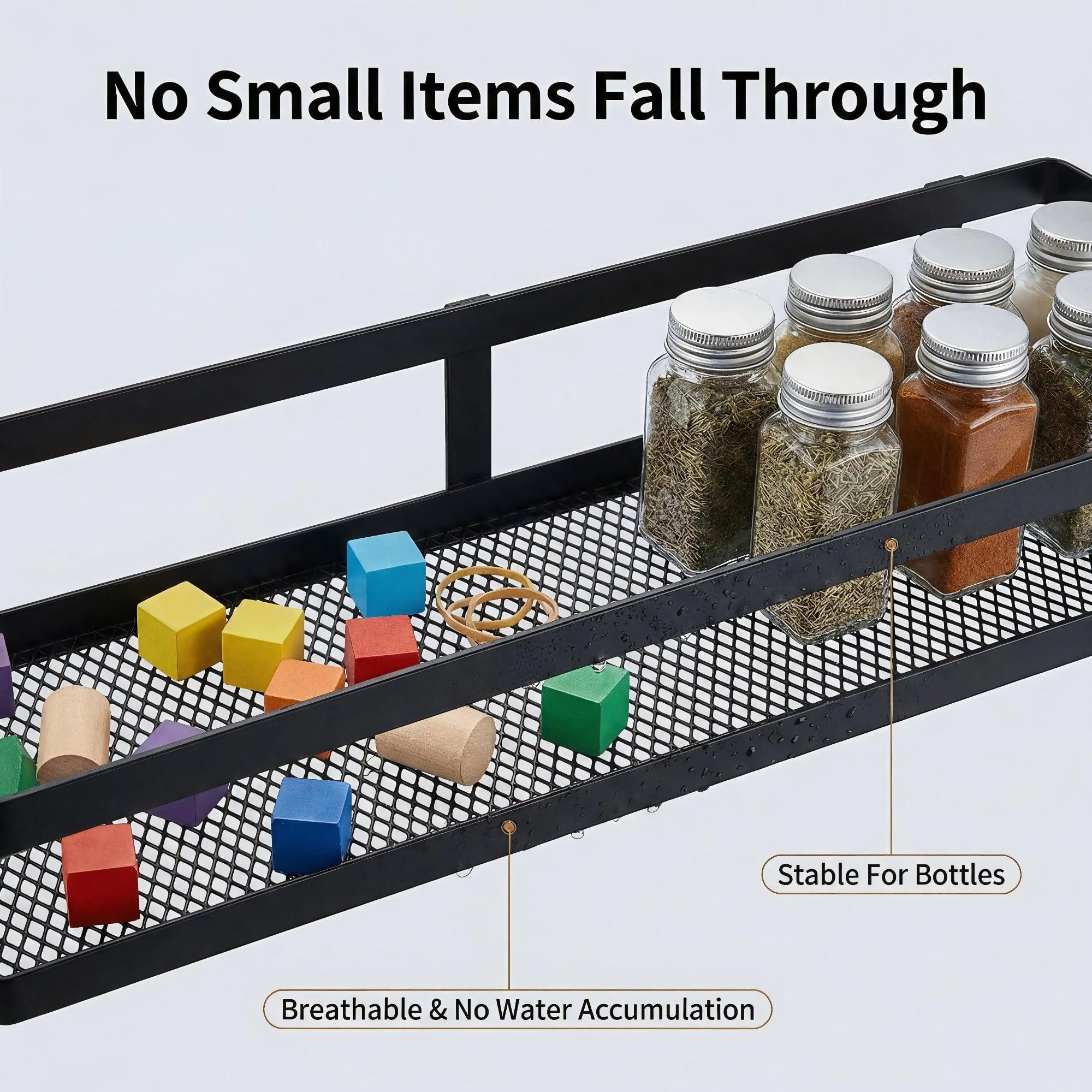 5-in-1 16.5" Extra Long Kitchen Organizer & Shower Caddy Set, Wall Mount Spice Rack with Paper Towel Holder, Utensil Holder & Soap Dish, Rustproof Mesh - Matte Black, Guardrail
