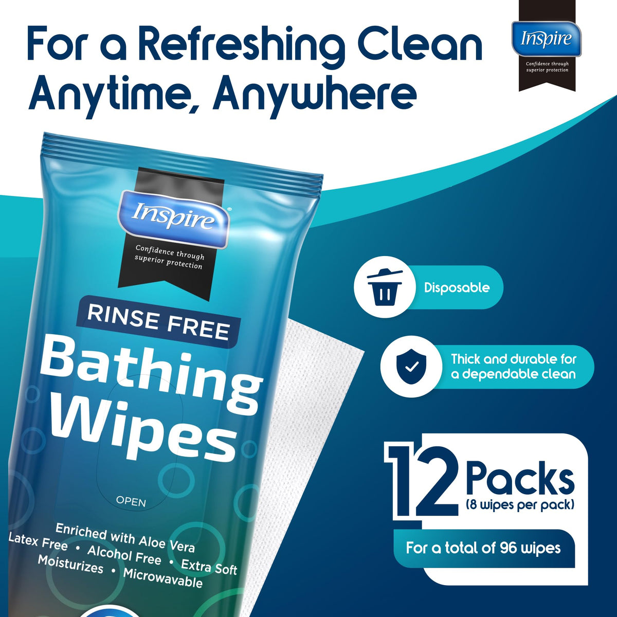 Body Wipes for adults bathing rinse free (80 Count)