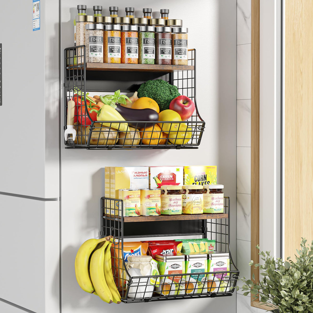 2 Pack Magnetic Shelf for Fridge with Wood Lid