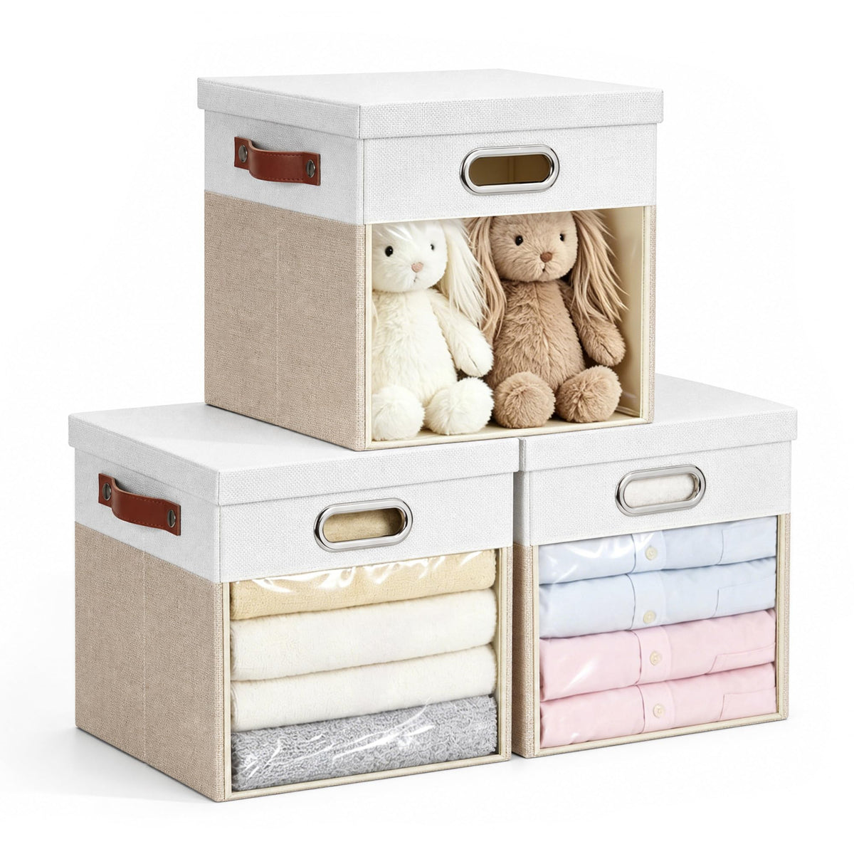 11x11 Inch Ultra Thick Fabric Storage Bins with Lids & Windows (3 Count)
