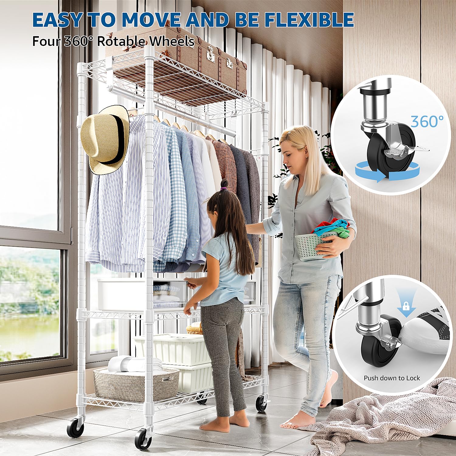 Heavy Duty Rolling Garment Rack 3 Tiers Adjustable Wire Shelving Clothes Rack with Rods and Side Hooks