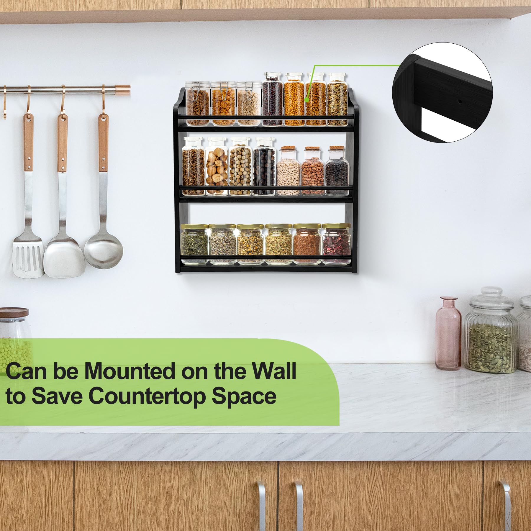 3 Tier Bamboo Spice Rack Wall Mount or Countertop