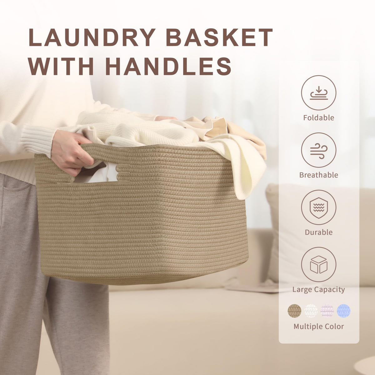60L Woven Laundry Basket Hamper with Handles
