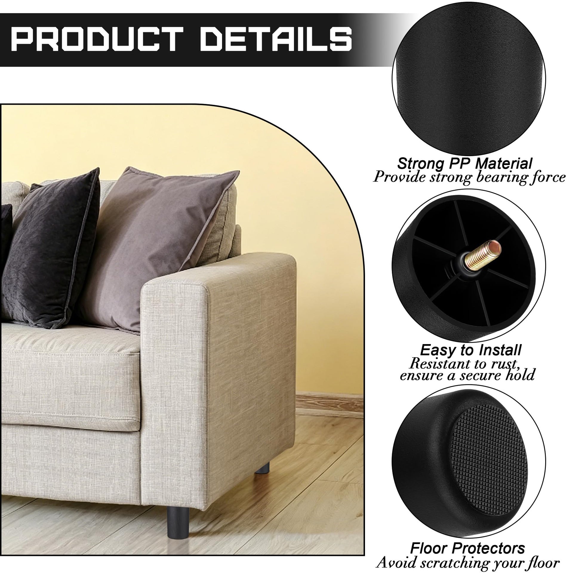 16 Pack 3 Inch Plastic Furniture Legs with M8 T