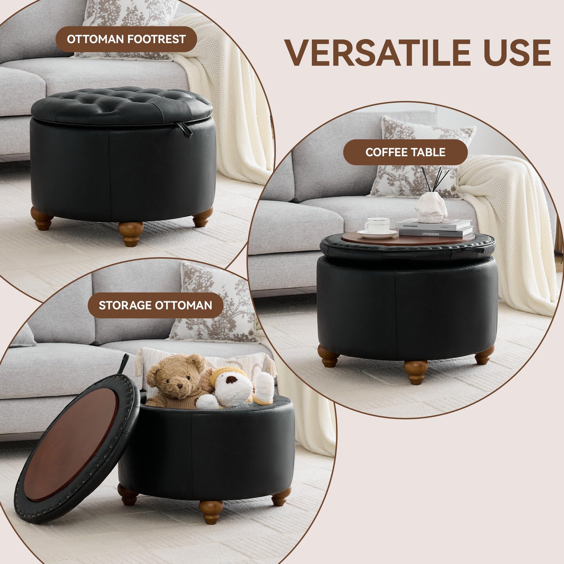 24Inch Round Storage Ottoman with Tray