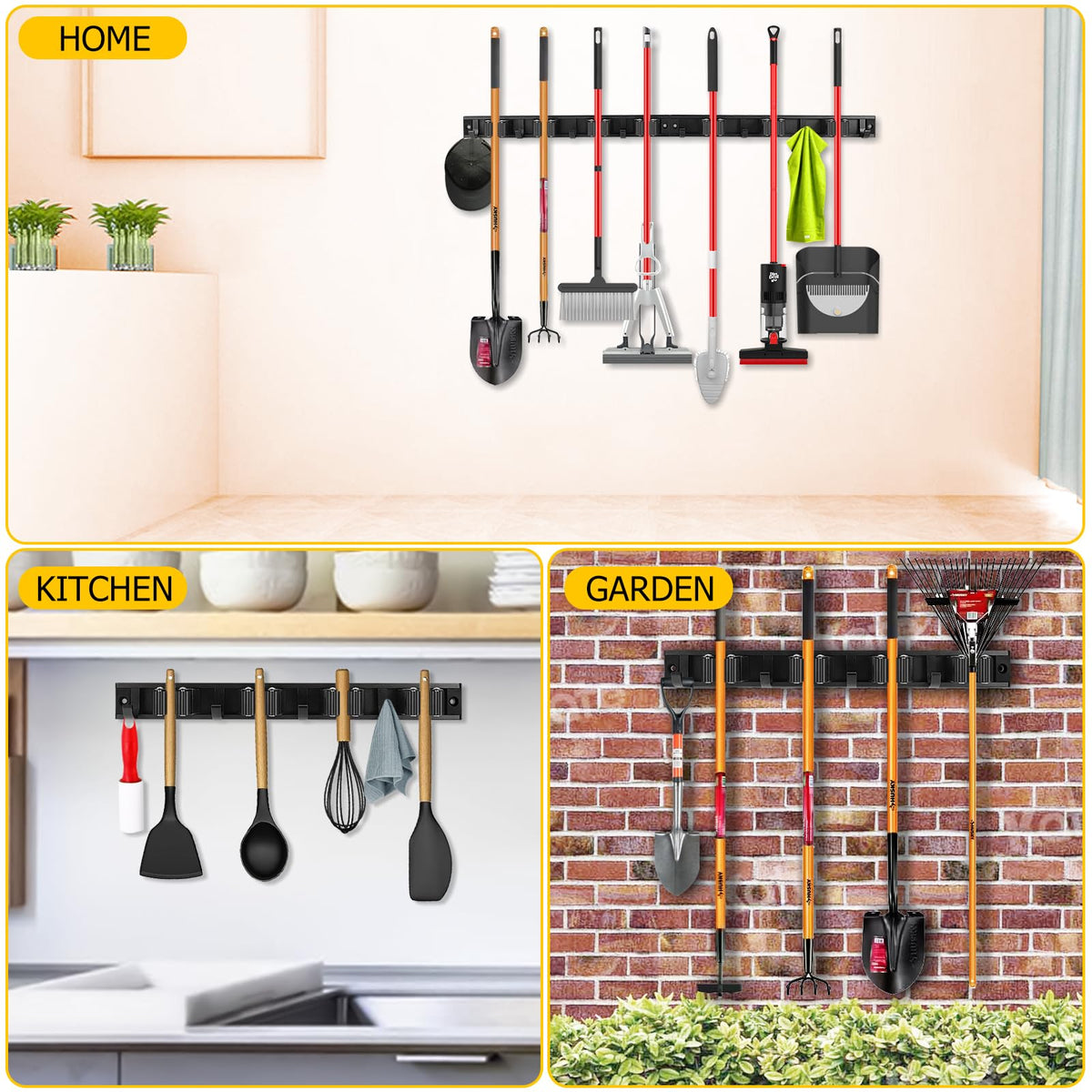 2 Pack Wall Mount Broom Holder with Sliding 3 & 4 Racks 4 Hooks