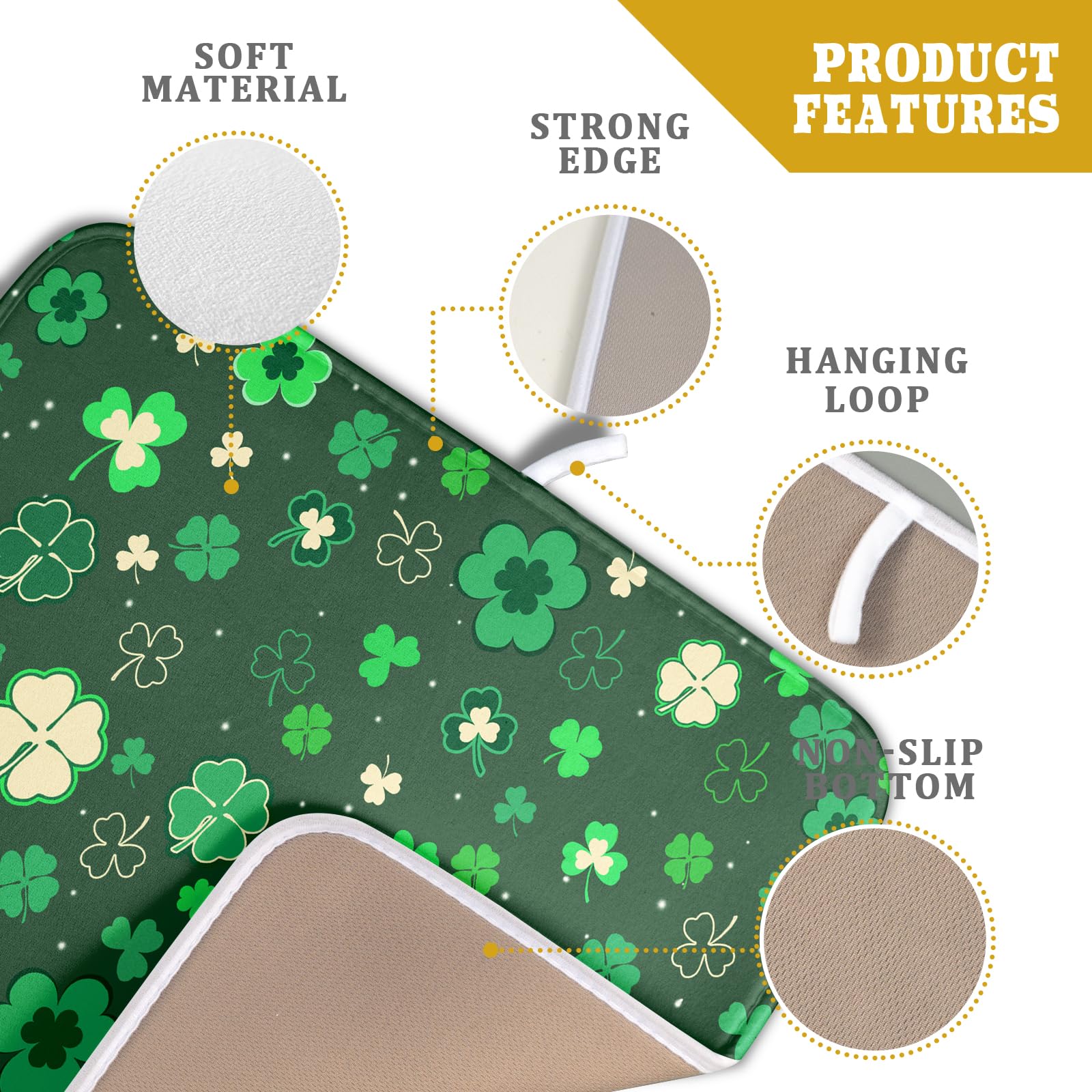 Happy St. Patrick's Day Dish Drying Mat for Kitchen Green Lucky Shamrock Clover Dish Drying Mat for Dishes Spring Irish Drying Mats 18x16 Inch Absorbent Reversible Dish Pad for Countertop Coffee Bar