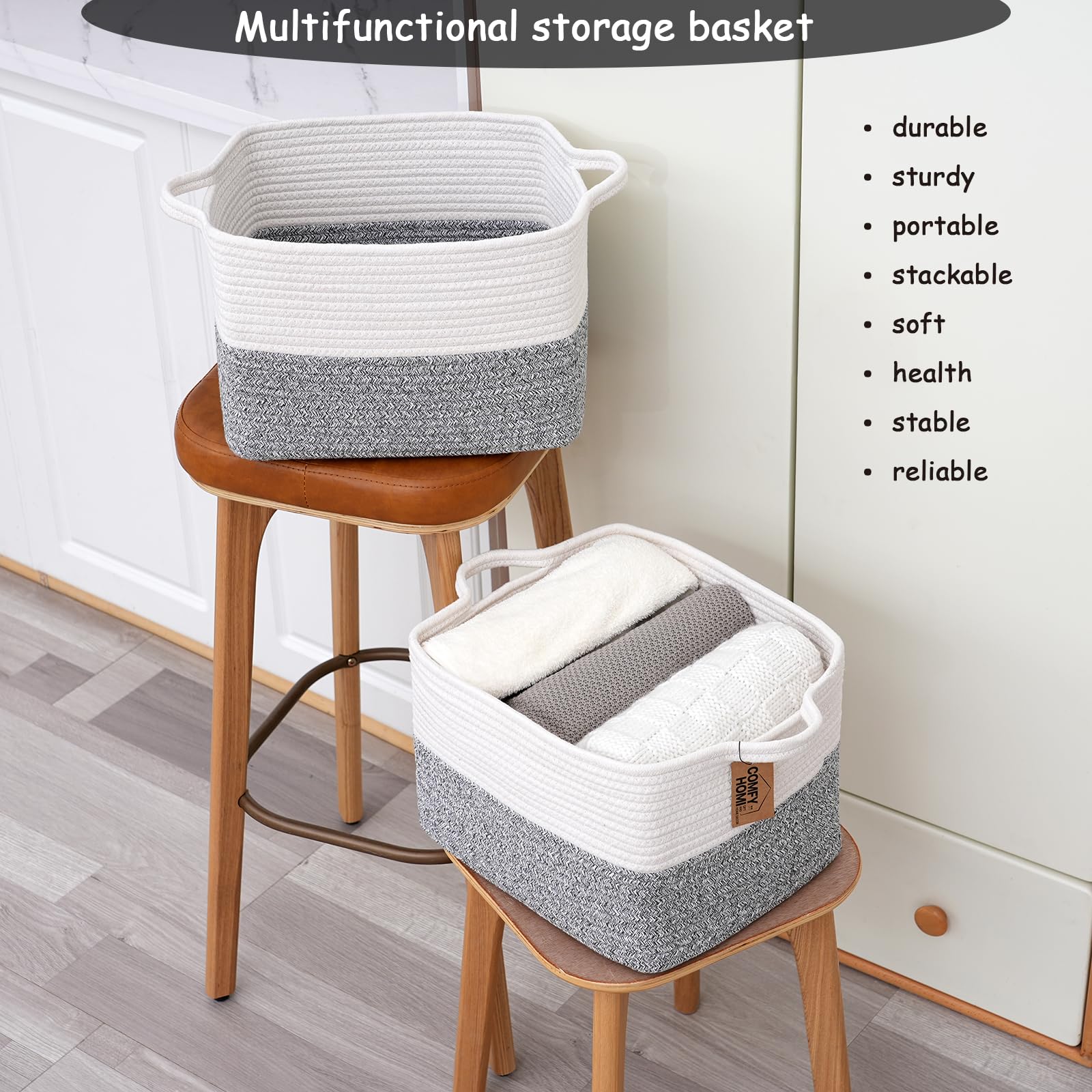 3 Pack Cotton Rope Woven Rectangular Basket with Handles for Organizing (3 Count)