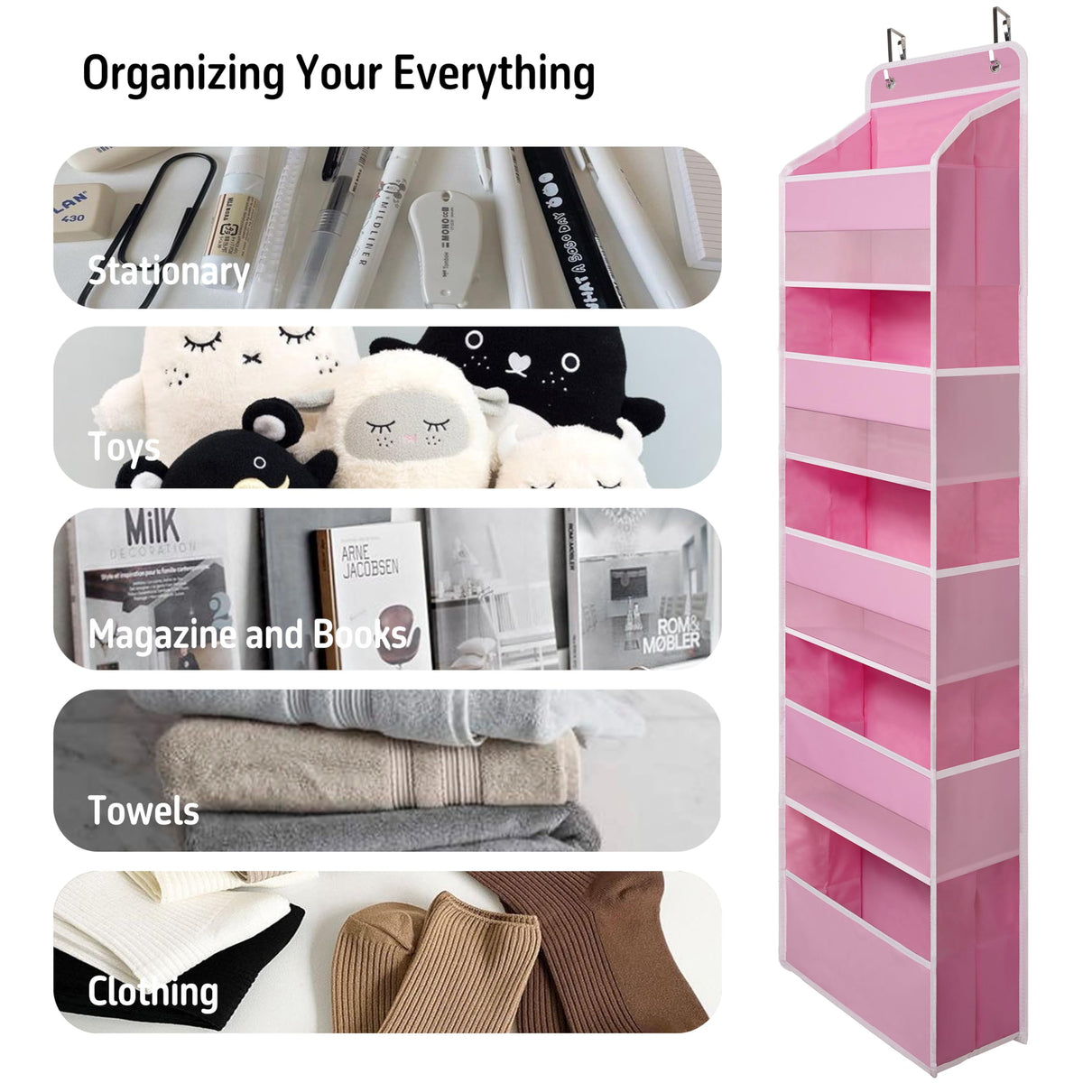 Pink Over Door Organizer with 5 Large Clear Pockets and 6 Side Mesh Pockets