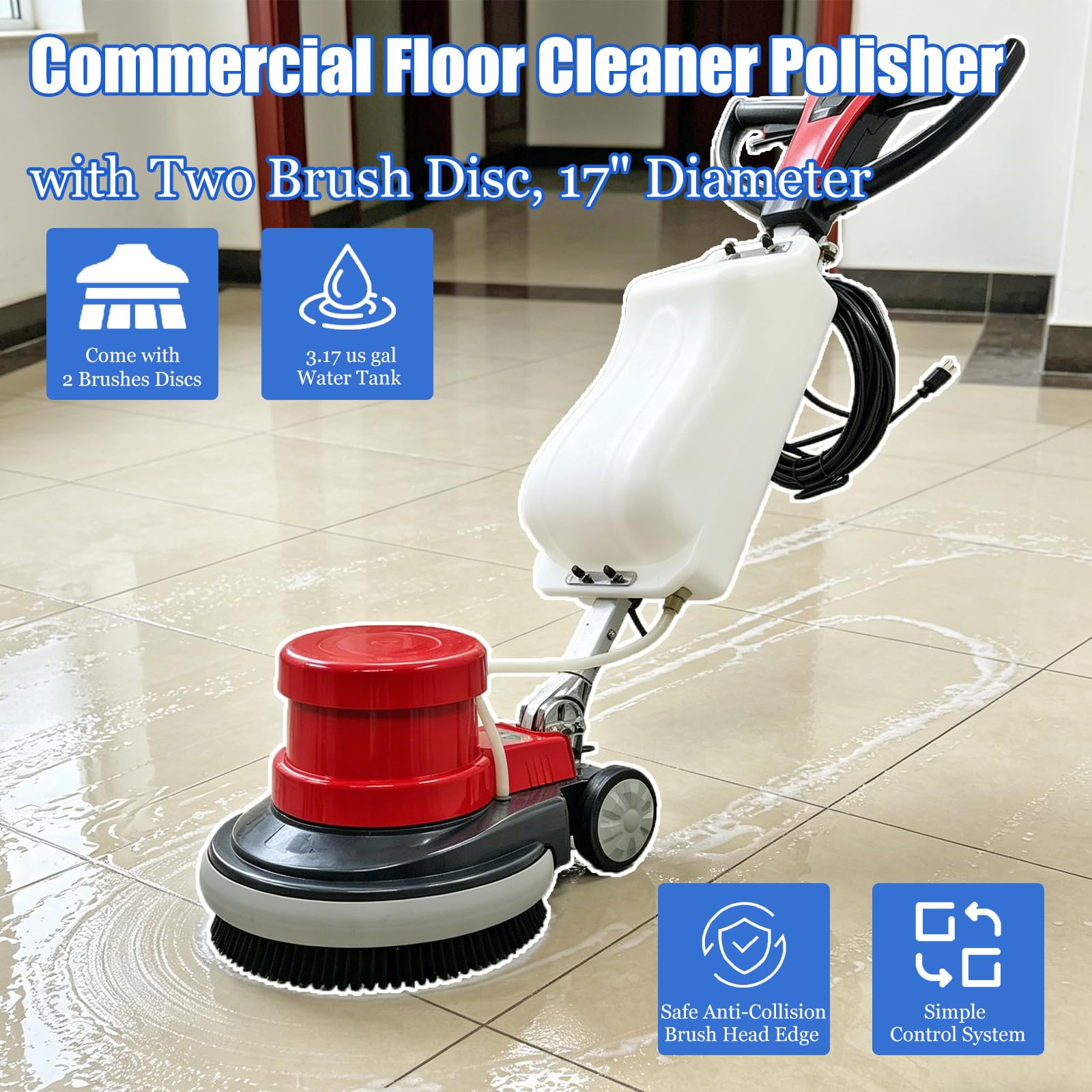 17" Floor Cleaner Polisher Commercial Floor Scrubber Buffer Commercial Floor Polishing Cleaning Machine Industrial Ground Scrubber Buffer with Two Brush Discs