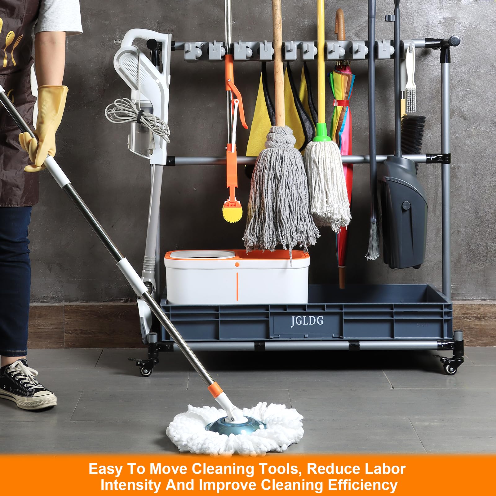 Mop and Broom Holder with Wheels