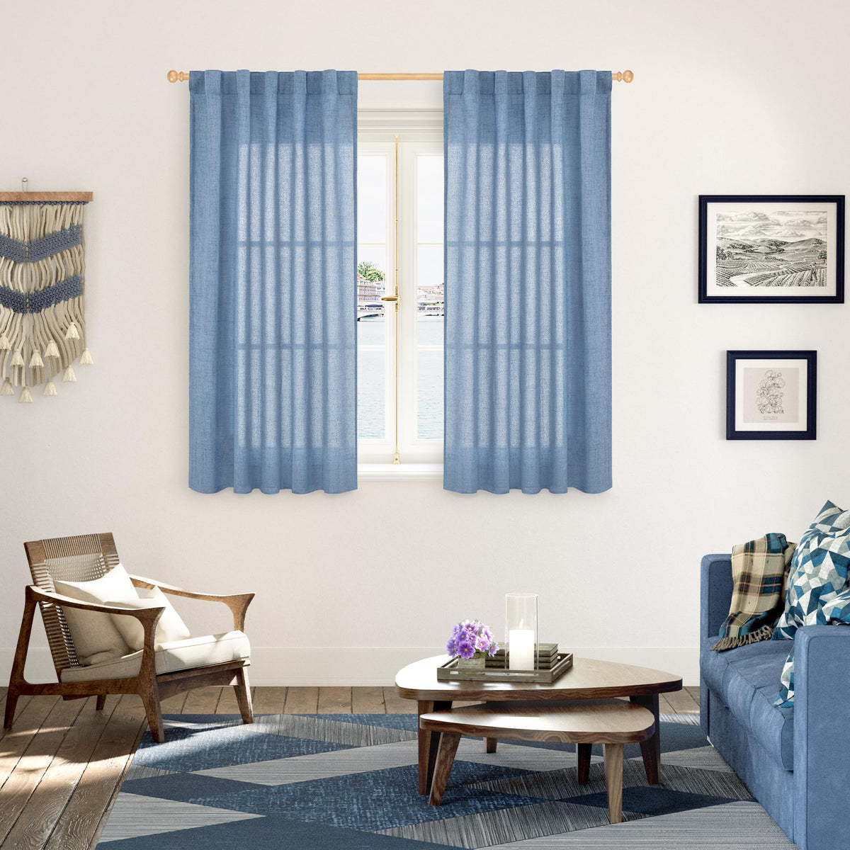 48 Inch Length Denim Blue Linen Curtains (2 Count)