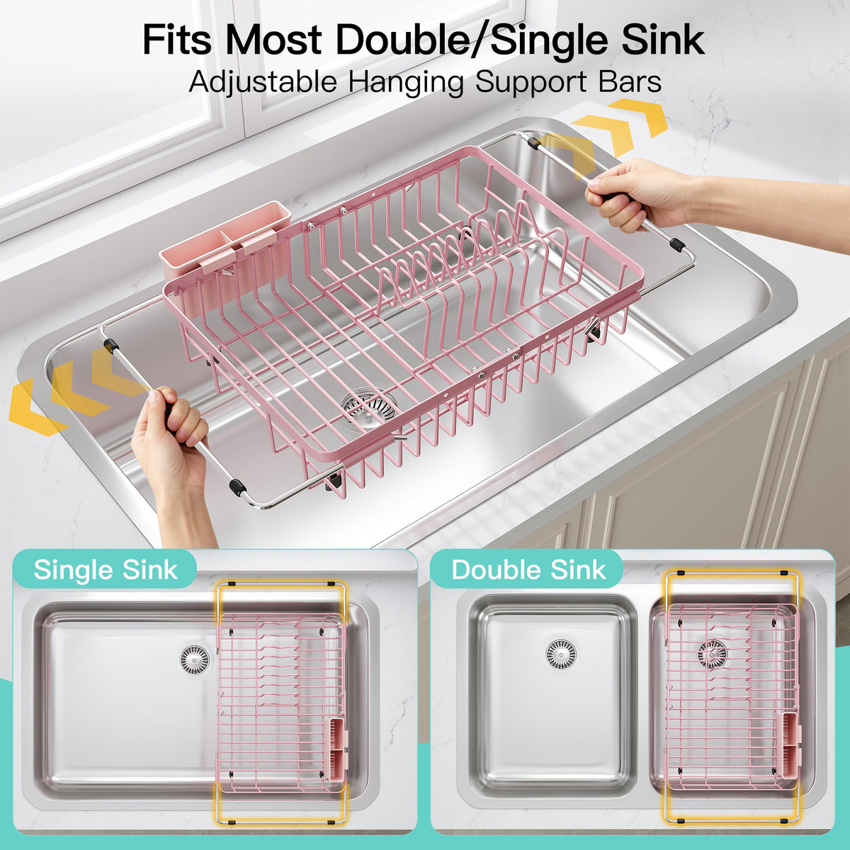Pink Dish Drying Rack Over the Sink with Utensil Holder